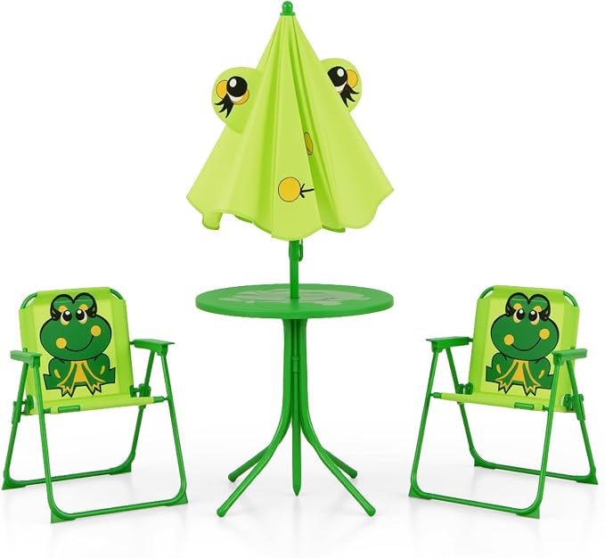 KOTEK Kids Picnic Table with Umbrella, Outdoor Table & 2 Folding Chairs, Cute Pattern Children’s Patio Furniture, Portable Kids Table and Chair Set for Backyard, Garden, Beach (Bright Green)