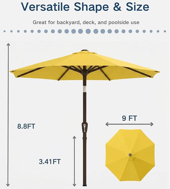 PatioKingdom Auto-Tilt 9FT Patio Umbrella Outdoor with 8 Sturdy Fiberglass Ribs,Market Table Umbrella for Pool,Backyard,Deck and Garden