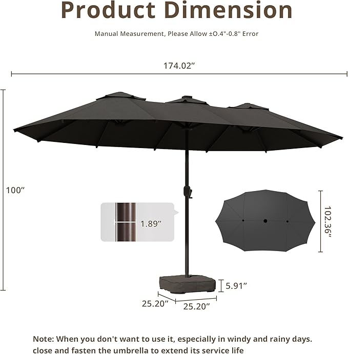 15Ft Patio Umbrella - Large Beach Umbrella W 12 Sturdy Ribs,UPF50 Outdoor Table Umbrella,Picnic Market Umbrella W Base Crank Handle for Pool,Yard,Garden