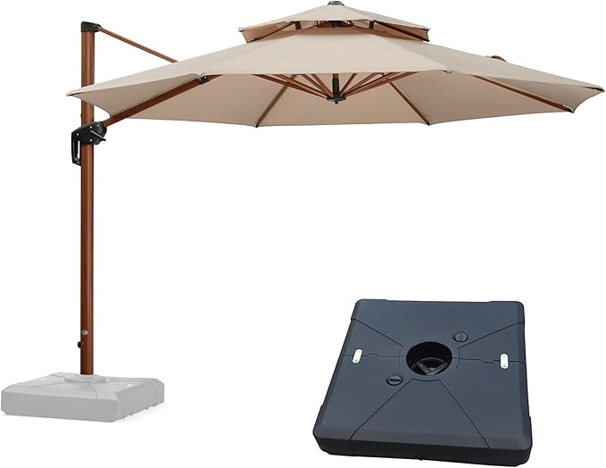 PURPLE LEAF Cantilever Umbrella with Base Outdoor Round Umbrellas Large Cantilever Umbrella Windproof Offset Heavy Duty Sun Umbrellas for Garden Deck Pool Patio, 11ft Beige