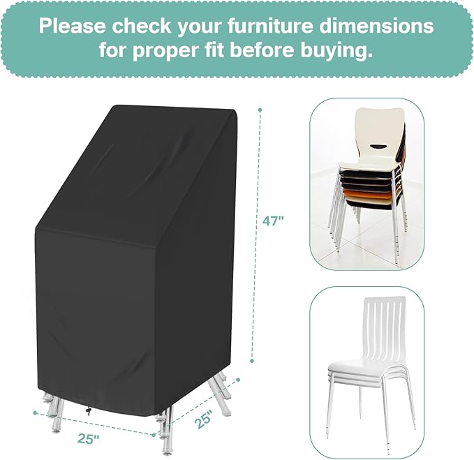Outdoor Stackable Chair Cover Waterproof, Heavy Duty and Weatherproof Lawn Patio Furniture Cover 25" W x 25" D x 47" H, Black