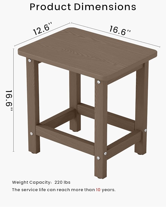 Set of 2 HDPE Outdoor Side Table, Weatherproof Small Outdoor Table for Adirondack, 16.6-Inch Patio Square End Tables for Garden, Backyard, Porch, Deck, Balcony, Poolside (Brown)