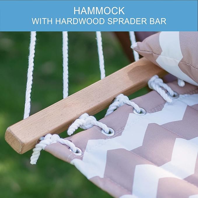 Lazy Daze Hammocks 12FT Quilted Fabric Double Hammock with Spreader Bars and Detachable Pillow, 2-Person for Patio, Poolside, Backyard, Beach - 450 lbs Capacity, Beige Wave