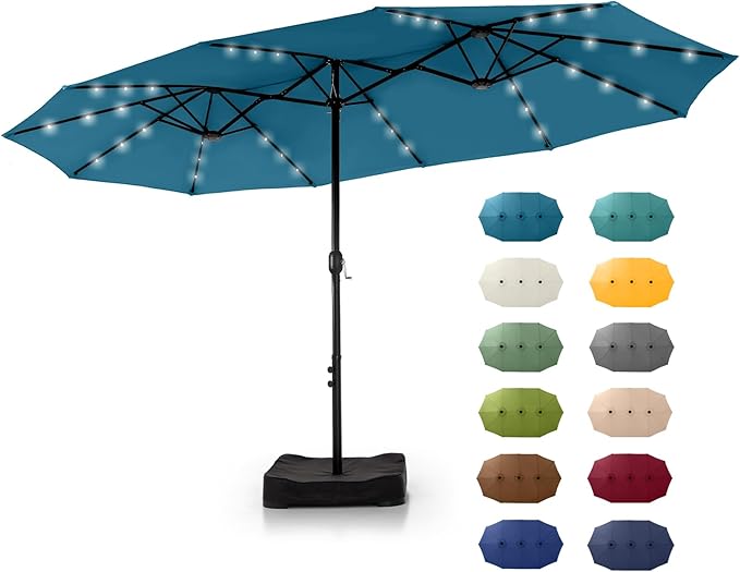 GREEN PARTY 15 ft Large Outdoor Patio Umbrella with Solar Led Lights & Base Included, Double-Sided Rectangular Table Umbrella with Stand, Market Umbrellas for Deck Poolside Garden Backyard, Cerulean
