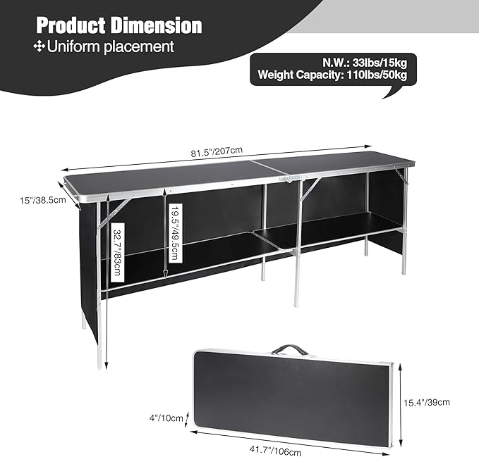 REDCAMP Portable Bar Table, Pop Up Folding Mobile Bar Bartender Table with Carry Bag for Events, Party, Camping, Tradeshow, Exhibition, Easy Setup, Black, 82"x33"x15"