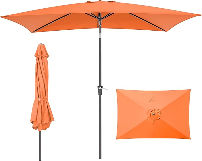 HASLE OUTFITTERS Rectangular Patio Umbrella, 6.5 x 10 ft Rectangle Table Umbrellas w/Heavy Duty Ribs, Effortless Crank and Push Button Tilt, Wind Resistant Sun Umbrella for Outdoor Patio, Orange