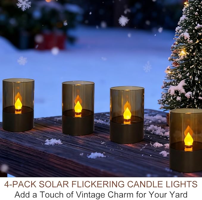 Bright Zeal 4.5" 4-Pack Brown Solar Flickering Candle Lights – Waterproof LED Flameless Pillar Candles for Outdoor Pathway, Garden & Patio, Battery Operated Decorative Lights for Spring & Summer