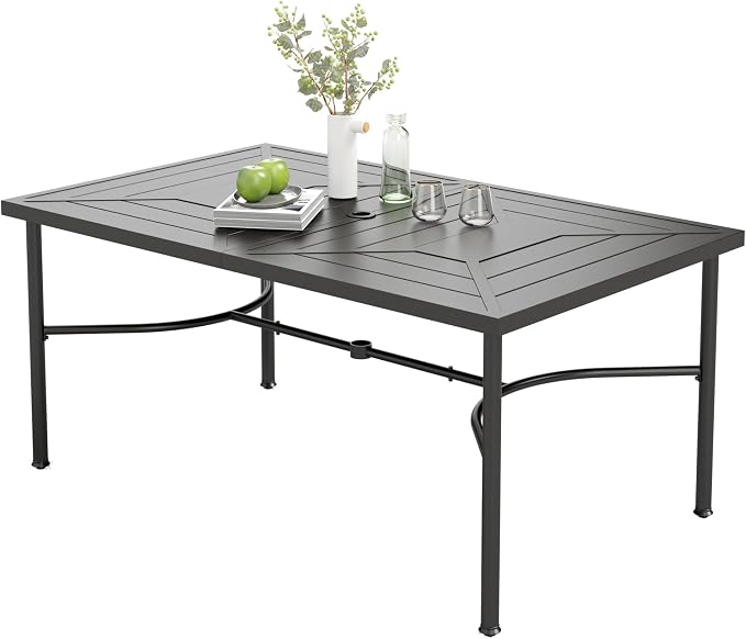 MIXPATIO Outdoor Patio Dining Table for 6, 64" x 39" Rectangular Metal Patio Dining Table with Umbrella Hole for Garden, Backyard and Porch