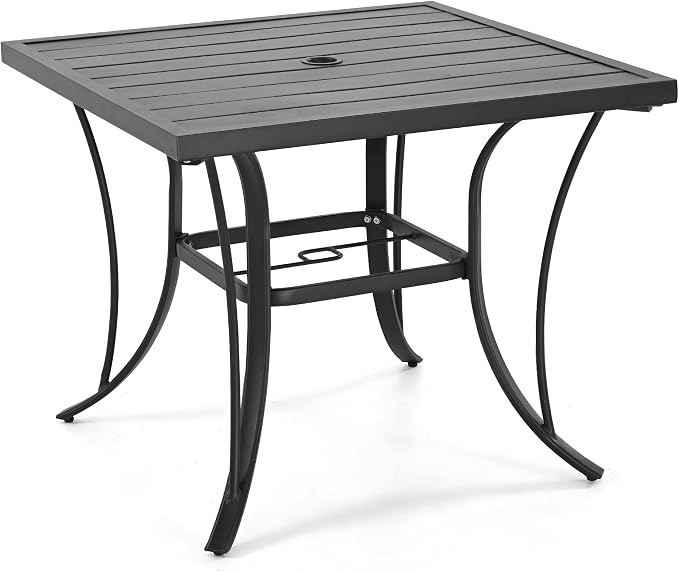HAPPATIO Patio Dining Table, 4 Person Black Square Patio Backyard Furniture Table，Metal Steel Slat Dining Table with Umbrella Hole Dia 2"（35" x 35" x 28.5"）