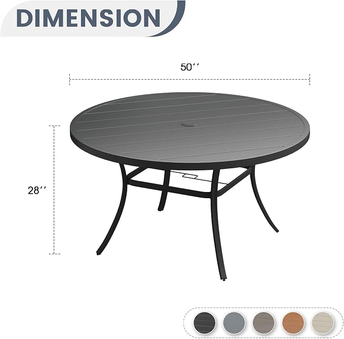 VICLLAX 50" Outdoor Round Patio Dining Table for 4-6, All Weather Metal Dining Table with Umbrella Hole for Deck Lawn Garden Backyard, Black