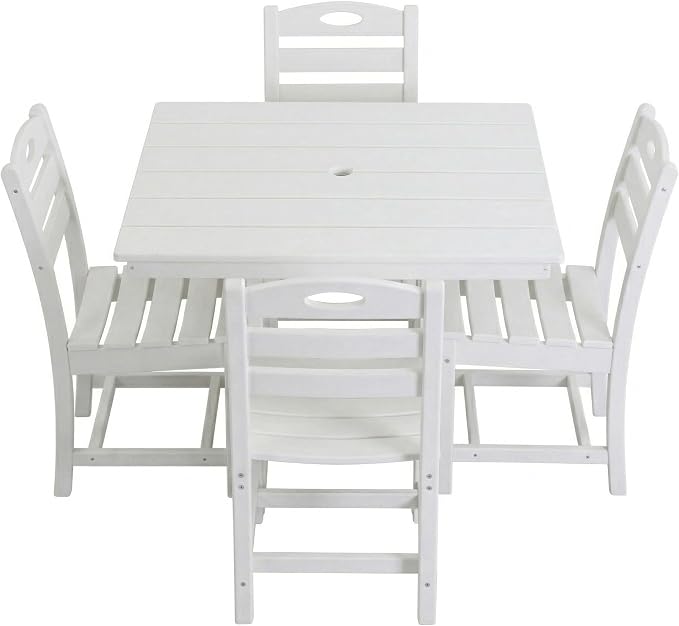 5-Pcs Outdoor Patio Dining Table Set of 5, Outdoor Patio Square 37.8'' Dining Table Set for Lawn Garden Backyard, HDPE Material & 1.7'' Umbrella Hole (Armless Chair, White)