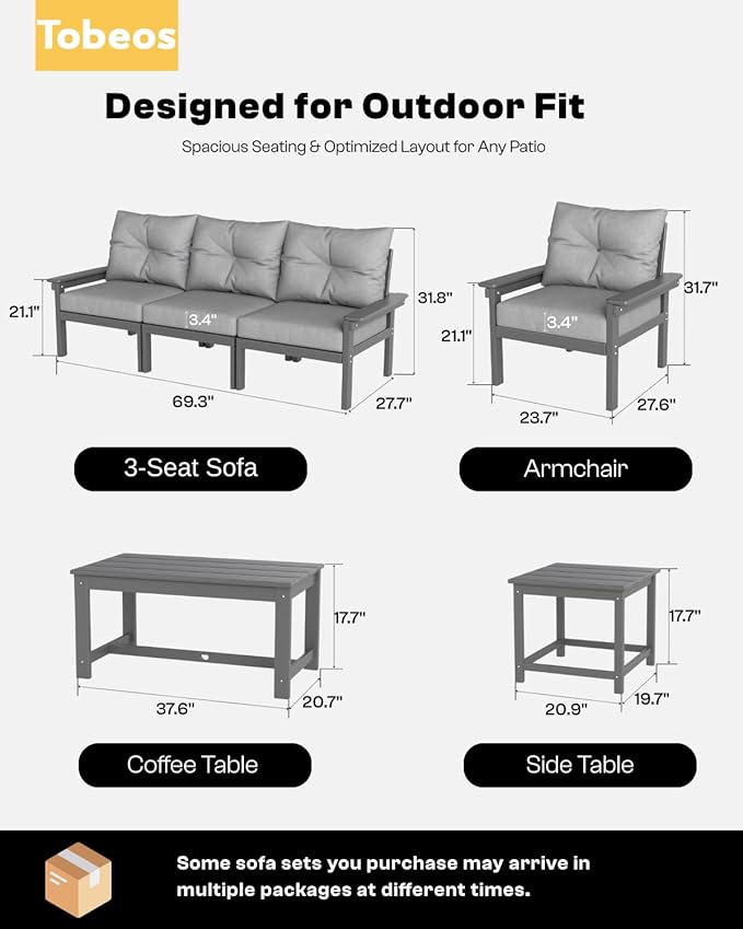 HDPE 7 Piece Patio Furniture Set, All-Weather Outdoor Couch Set with Thick Cushions & Table & Umbrella, Patio Conversation Sets for Lawn, Garden, Porch, Balcony, Deck, Poolside, Grey