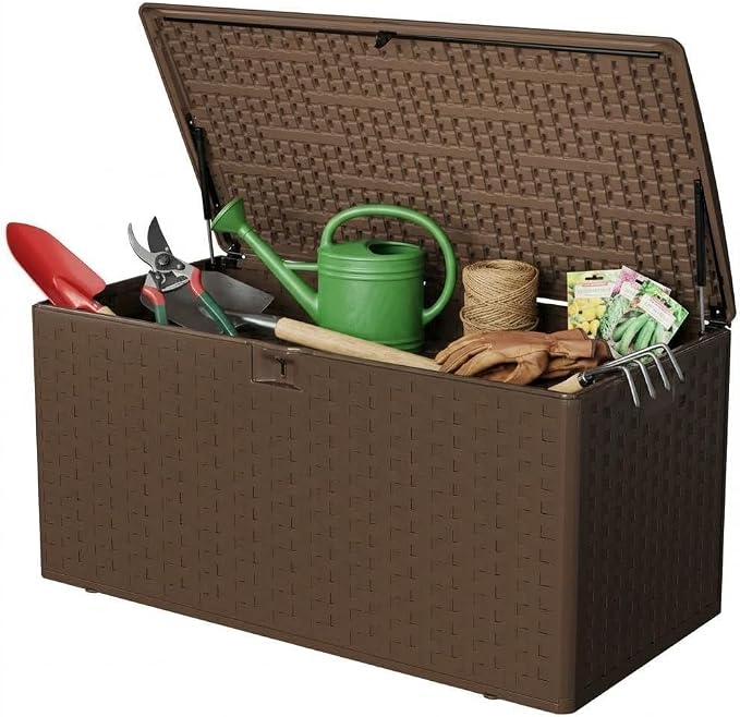 Jojoka Brown Resin Outdoor Storage Box, Waterproof Lockable Patio Deck Box, Large Capacity Outside Container for Package Delivery, Furniture Cushions, Garden Tools and Pool Accessories
