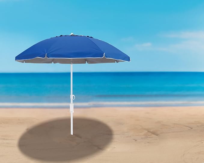 7 ft Beach Umbrella with Sand Anchor & Tilt, UV 50+ Protection Outdoor Sunshade Umbrella with Carry Bag,Blue Polyester Fabric with Silver Coating, Blue