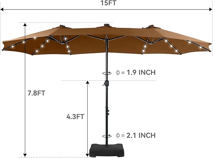 GREEN PARTY 15 ft Large Outdoor Patio Umbrella with Solar Led Lights & Base Included, Double-Sided Rectangular Table Umbrella with Stand, Market Umbrellas for Deck Poolside Garden Backyard, Tawny