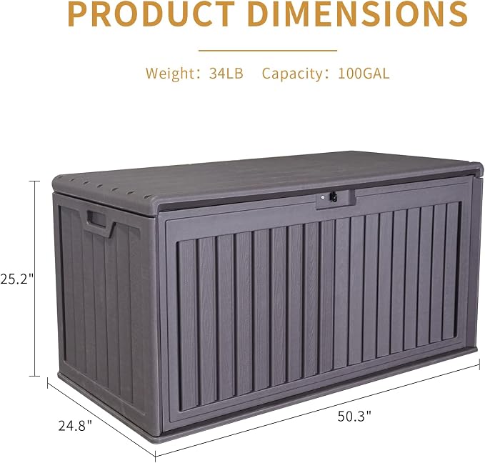 Outdoor Storage Box, 100 Gallon Deck Box Indoor and Outdoor Use, Resin Waterproof Lockable UV Resistant Extra Large Patio Storage Box for Patio Furniture Cushions, Gardening Tools, Pool Accessories