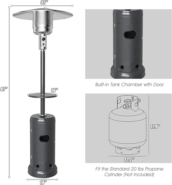 S AFSTAR 48000 BTU Outdoor Patio Heater, Portable Propane Heater w/Drink Shelf Tabletop, Wheels, Base Reservoir, 87-inch Tall Standing Heating Lamp Tower for Garden Veranda Porch Party (Grey)
