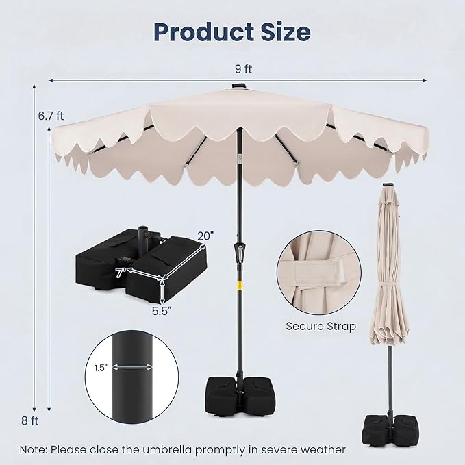 Happygrill 9FT Solar Patio Umbrella, Outdoor Market Table Umbrella with 32 LED Lights, Weighed Base, 2 Sandbags, Tilt & Crank, 8 Ribs, Fabric Canopy Sunshade, Vented Top for Garden Deck Pool Backyard (Beige)