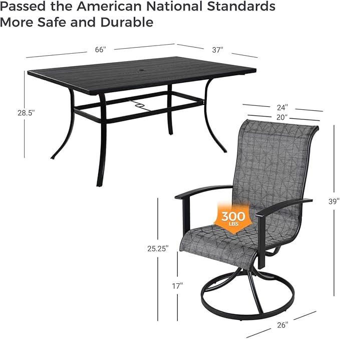 Grand patio 10-Piece Patio Dining Set for 8, Outdoor Dining Set with Swiviel Patio Chairs & 1 Rectangular Woodgrain Dining Table with Umbrella Hole, Black & Grey Plaid