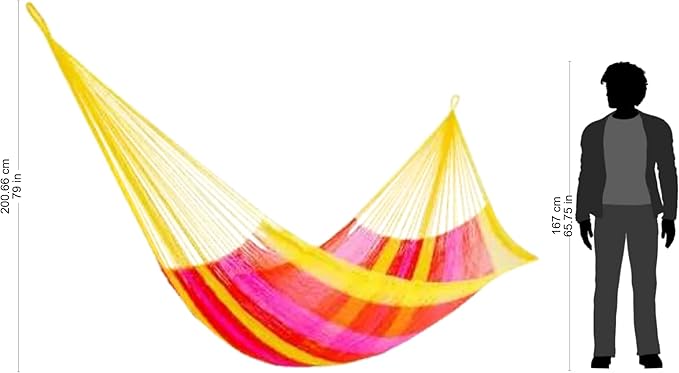 NOVICA Bright Pink Yellow Striped Tropical Hand Woven Nylon Mayan 2 Person Xl Rope Hammock With Hanging Accessories, 'Candy Delight' (Double)