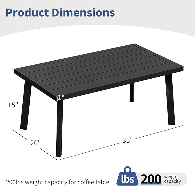 Outdoor Patio Coffee Table, Rectangle Aluminum All-Weather Side Table with Wood-Grain Texture, 200lbs Capacity, Modern Patio Furniture Sets for Garden, Backyard, Porch (Black)