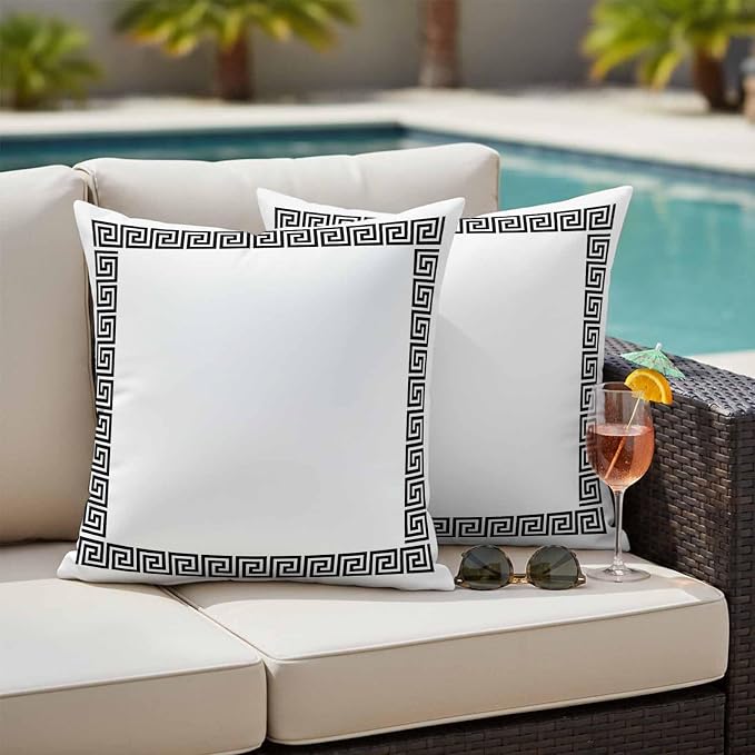Outdoor Pillow Covers Set of 2, Abstract Inspired Greek Key Pattern Decorative Throw Pillow Covers 16X16IN, Geometric Twist Line on White Throw Pillows Protector Cushion Case for Patio,Couch,Sofa