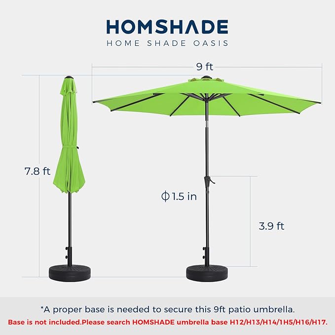 HOMSHADE 9ft Outdoor Patio Umbrella - Market Table Pool Deck Umbrella UPF50+ UV Protection with Push Button Tilt, Crank and 8 Sturdy Ribs (Green, No base)