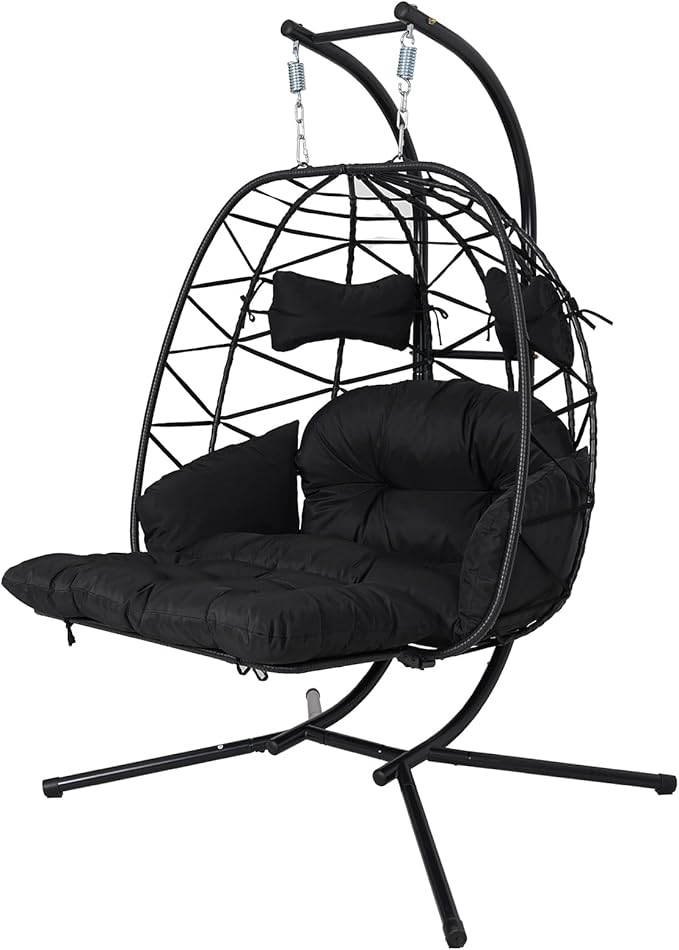 Double Egg Hammock Chair with Stand, Swing Egg Chair, Wicker Hanging Chair with Washable Cushion - Sturdy Metal Stand, 600lbs Capacity for Indoor Outdoor Patio Living Room Etc (Black+Black)