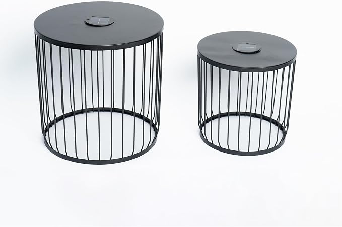 2-Pack 17.7 and 13.8 Inch Outdoor Side Tables, Solar Powered Side Tables with LED Lights, Round Metal Nesting Patio End Tables for Balcony Garden or Living Room, Black