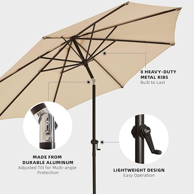 wikiwiki 10 FT Patio Umbrellas Outdoor Table Market Umbrella with Push Button Tilt/Crank, 8 Sturdy Ribs, Fade Resistant Waterproof POLYESTER DTY Canopy for Garden, Lawn, Backyard & Pool, Cream Beige