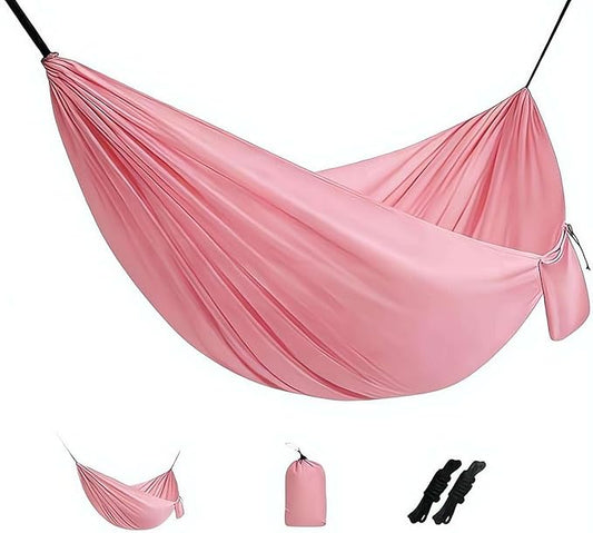 Camping Hammock Lightweight Portable Double Swing with 2 Tree Straps, Heavy Duty Parachute Nylon Bed for Backpacking Hiking Beach, Outdoor Essentials for Backyard Patio Camping Gear (Pink)