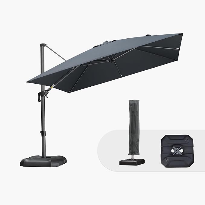 PURPLE LEAF 10'×10' Patio Umbrella with Base and Cover Outdoor Large Cantilever Umbrella Windproof Offset Heavy Duty Sun Umbrella for Garden Deck Pool Patio Grey