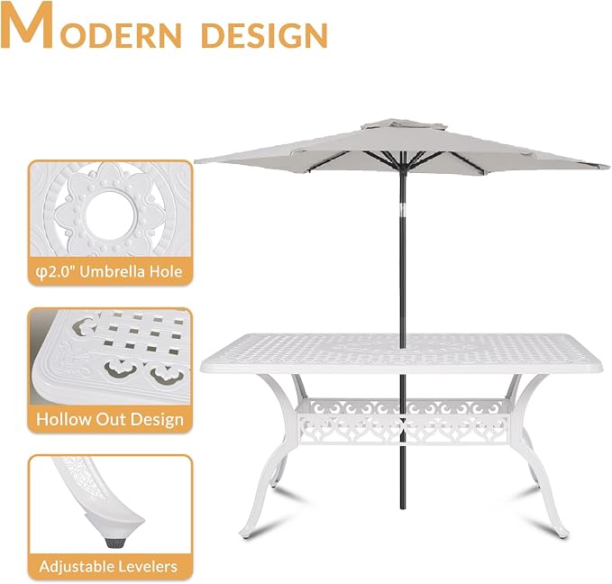 7-Piece Outdoor Patio Dining Set, 60” Rectangular Cast Aluminum Dining Table with Umbrella Hole and 4 Stationary, 2 Swivel Rocker Chairs, 6 Cushioned, Backyard, Patio, Garden, White