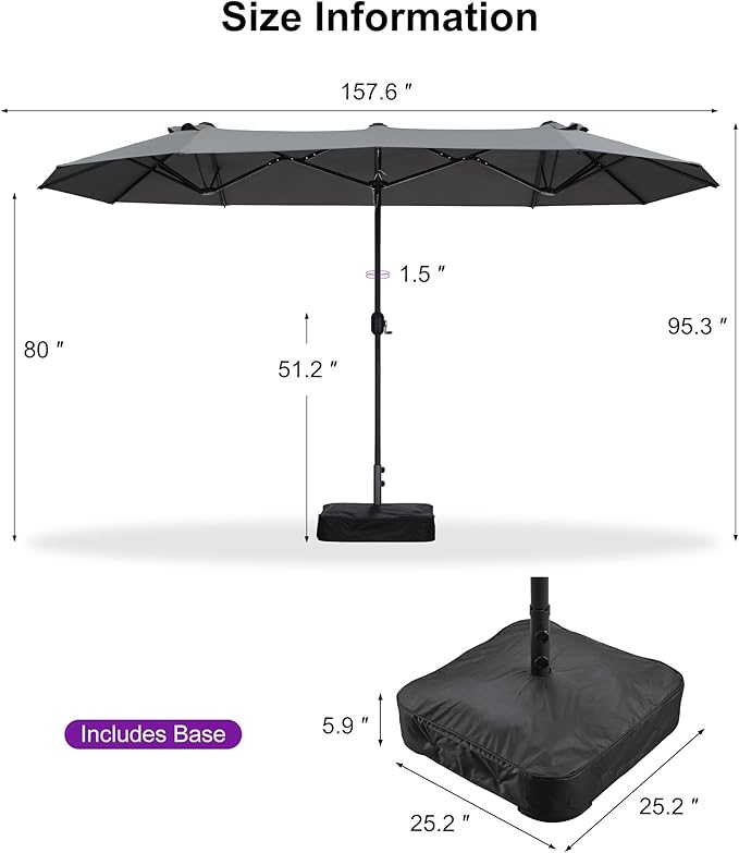 PURPLE LEAF 13ft Patio Market Umbrella with Base Double-Sided Rectangle Outdoor Table Sun Umbrellas with Crank 12 Heavy Duty Sturdy Ribs for Pool Beach Deck Backyard Light Gray