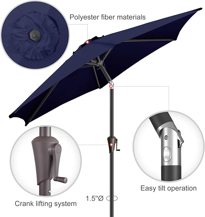 10FT Patio Umbrella Outdoor - Table Umbrella with 6 Sturdy Ribs, Market Umbrella with Push Button Tilt, UV Protection for Pool, Porch, Garden, Deck, Backyard (Navy Blue)