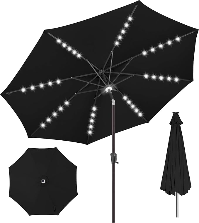 11ft Solar Umbrella Outdoor - Lighted Solar Patio Umbrella with 40 LED Lights Waterproof UV Protection, Table Umbrella with Tilt for Pool, Porch, Garden, Deck, Backyard - Black