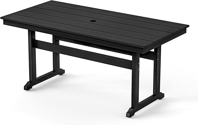 Rectangle Outdoor Dining Tables for 6, HDPE Weather Resistant Patio Dining Table, 66" Outdoor Tables with 1.96" Umbrella Hole for Porch, Balcony, Backyard, Black