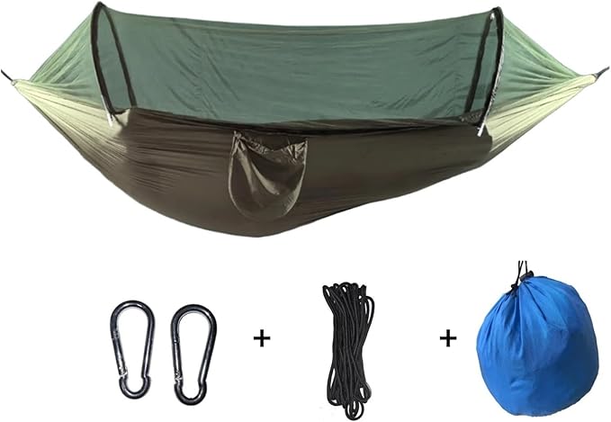 Outdoor Double Hammock with Anti-flip Design, Automatic Speed Open Swing, Mosquito Net, Sunshade Canopy(Army Green)