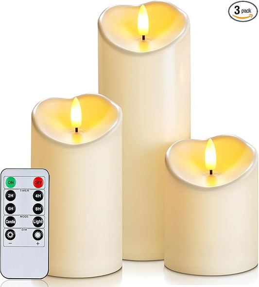 Homemory Flameless Candles with Timer and Remote Control, Battery Operated LED Candles, Realistic Fake Plastic Candles for Wedding, Festival, Home Decor, Waterproof Outdoor, D3”H4”6”8”, Dark Ivory