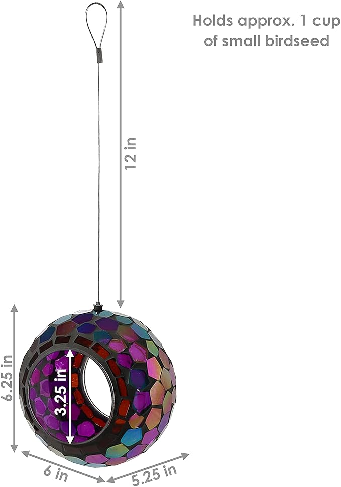 Sunnydaze 6-Inch Glass Mosaic Hanging Bird Feeder for Outdoors - Fly-Through Glass Bird Feeder for Cardinals, Jays, Finches and More - Iridescent Purple Mosaic