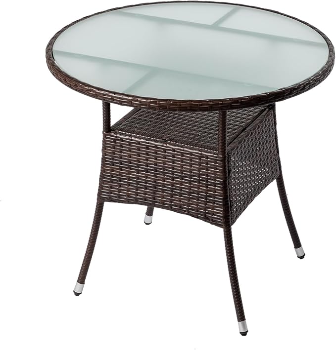 31.7" Round Patio Side Table,Small Outdoor Wicker End Tables,All-Weather Rattan Coffee Table,Bistro Dining Tables,with Glass Tabletop,for Lawn Garden Backyard Deck Porch Poolside Balcony (Brown)
