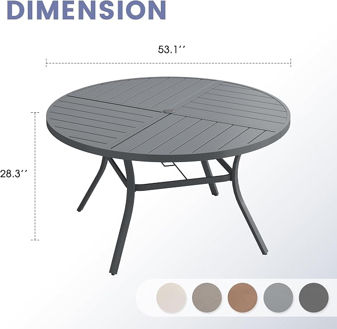 VICLLAX 53" Round Outdoor Table, Patio Dining Table for 8 with Umbrella Hole for Garden Lawn Deck Backyard, Dark Grey
