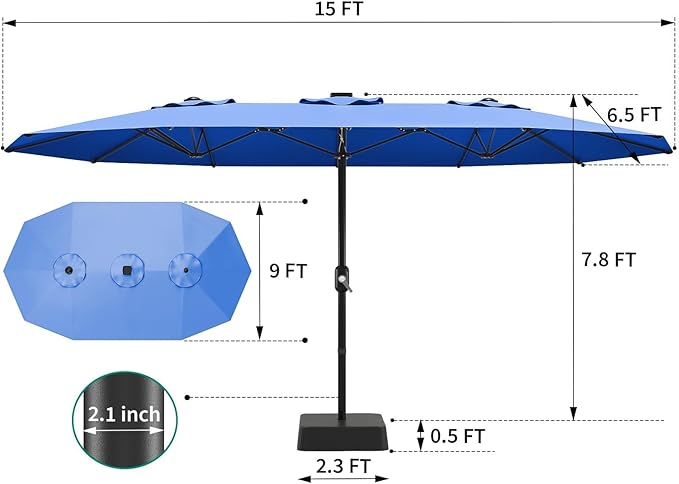 15FT Large Patio Umbrella with Base Included, Outdoor Double-Sided Rectangle Market Umbrella with Crank Handle for Pool, Lawn, Garden, Backyard, Navy Blue