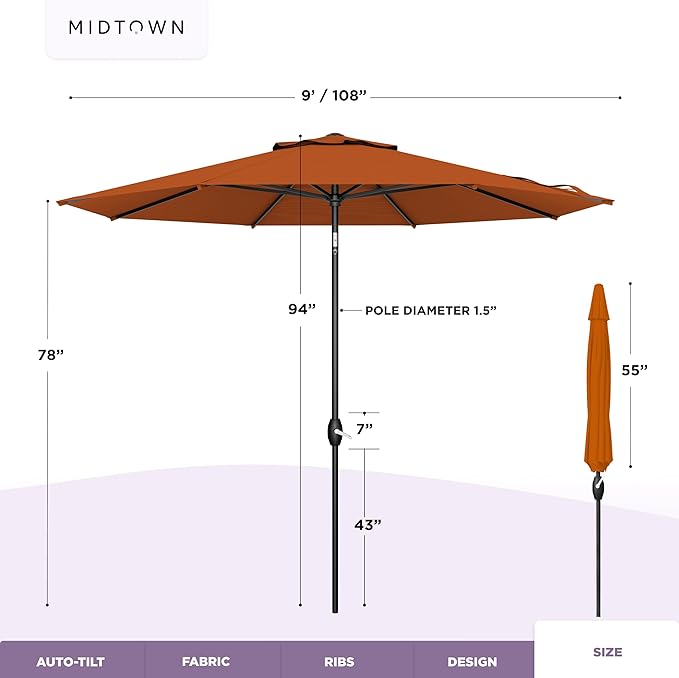 Midtown Umbrellas - The Lean 9 Ft Patio Umbrella with Fade-Resistant Sunbrella Fabric, Auto-Tilt Aluminum Frame and 8 Reinforced Ribs for Deck, Pool & Garden - Terracotta Canopy, Black Pole