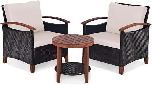 HAPPYGRILL 3 Pieces Patio Conversation Set Outdoor Rattan Wicker Sofa Set with Cushion & Acacia Wood Frame, Coffee Table and Chairs Set for Garden Poolside Balcony