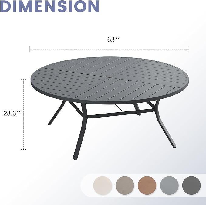 VICLLAX 63" Round Outdoor Table, Patio Dining Table for 8-10 with Umbrella Hole for Garden Lawn Deck Backyard, Dark Grey