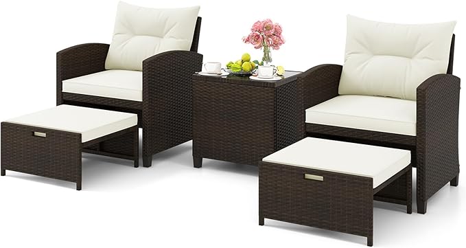 ORALNER 5 Pieces Patio Furniture Set with Ottoman, Wicker Conversation Set w/Cushions, Glass Coffee Table, Outdoor Rattan Lounger Chairs Bistro Set for Porch Balcony Garden Deck Poolside (Cream White)