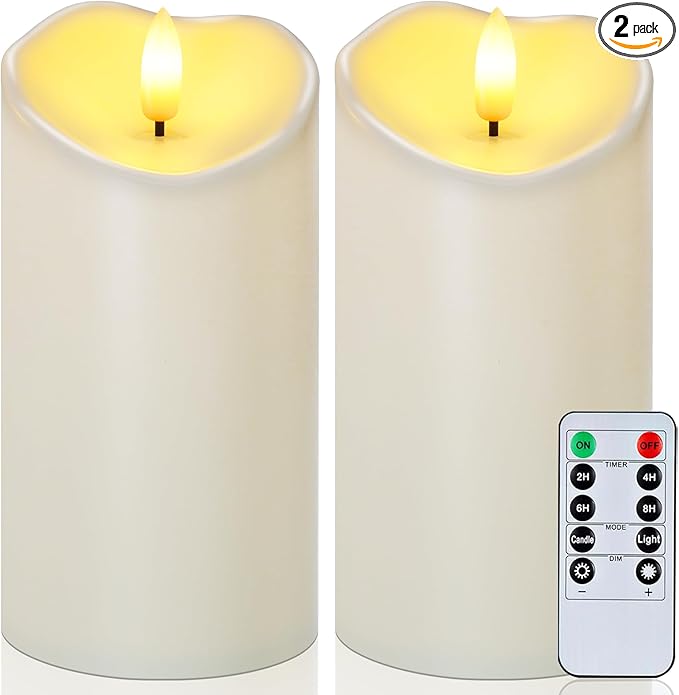 Raycare 6"x3" Outdoor Waterproof Flameless Candles with Remote and Timer, Battery Operated LED Electric Fake Pillar Candle for Christmas Home Wedding Decor, Ivory White, Set of 2