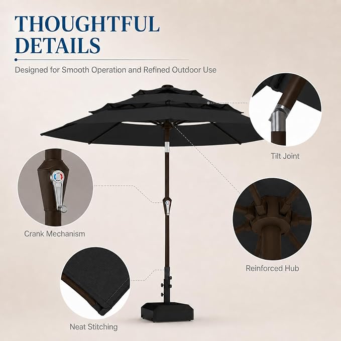 10ft Patio Umbrella, 3-Tier Vented Outdoor Table Umbrella with 8 Sturdy Fiberglass Ribs, Windproof Market Umbrella with Push Button Tilt and Crank, UV Protection for Deck, Pool, Black