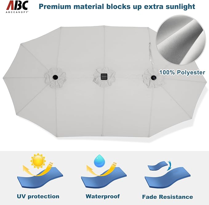 ABCCANOPY 15ft Umbrella Outdoor Patio Solar Lights with Base, Outdoor Double-Sided Rectangle Umbrella for Poolside, Lawn, Backyard (Light Gray)